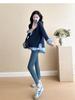 Navy Blue Long Sleeve Maternity Top, Spring/Autumn 2025, Plus Size, Fake Two-Piece Design Sweatshirt