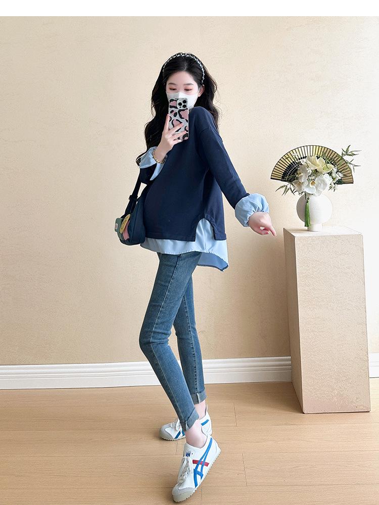 Navy Blue Long Sleeve Maternity Top, Spring/Autumn 2025, Plus Size, Fake Two-Piece Design Sweatshirt