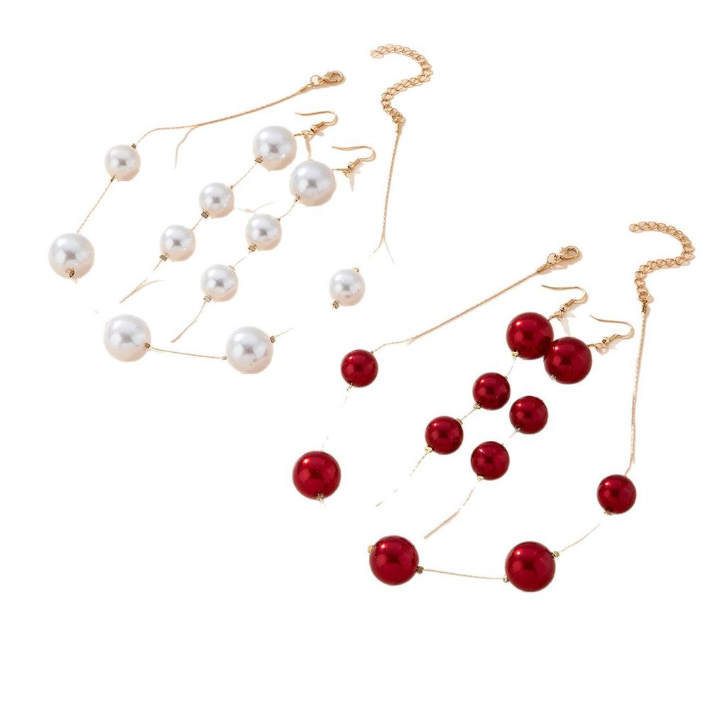 1 Set of Red Bead Earrings, Necklace, High-end Fringed Long Jewelry Temperament, French High-end Sense