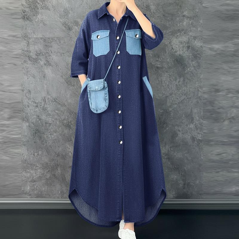 ZANZEA Women Casual Turn Down Collar Short Sleeve Patchwork Long Shirt Dress