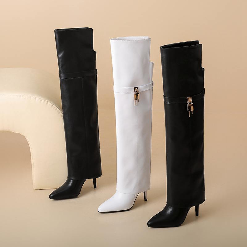 Krazing Pot Cow Split Skin Microfiber Pointed Toe Thin High Heels Size 46 Size 45 Slip On Plus Size Women Keep Warm Over-the-knee Boots