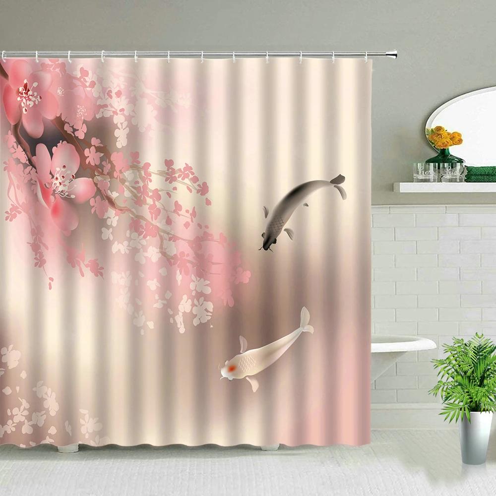 Modern Chinese Style Koi Fish Scenery Shower Curtain Bathroom Screen Waterproof Fabric Background Wall Decor Hanging Curtains
