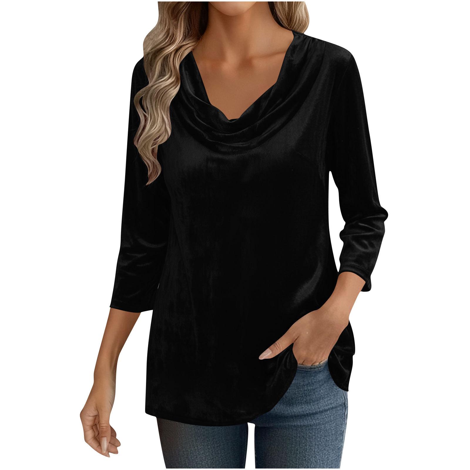 

2025 Women s Solid Color Velvet Boat Neck 3/4 Sleeve Fashion T-Shirt M чорний