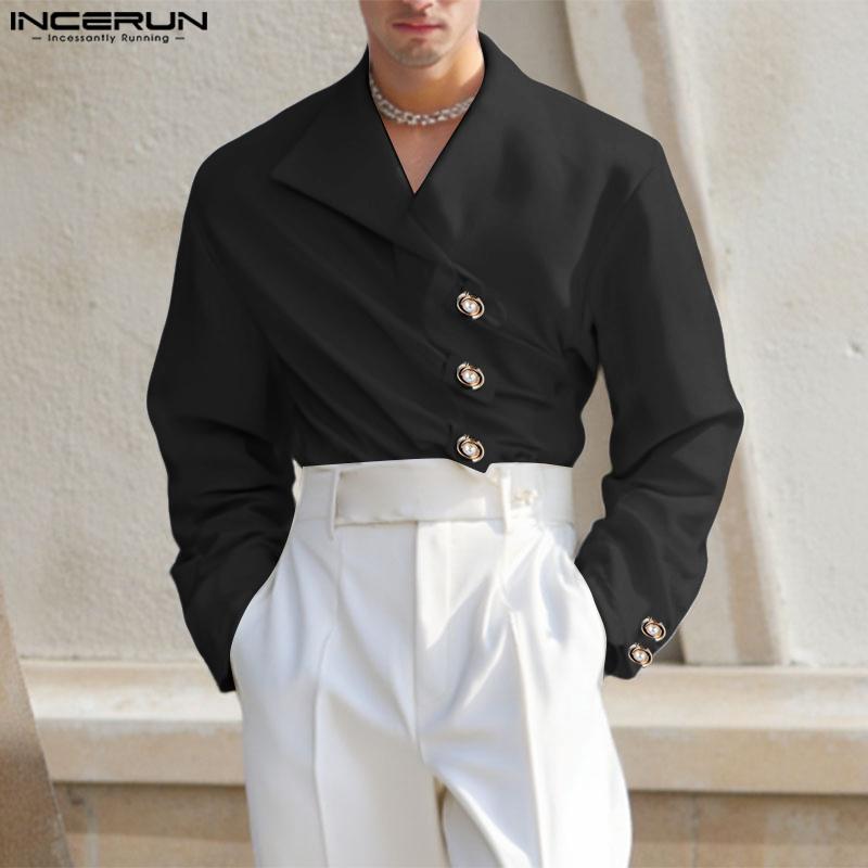 INCERUN Men Long Sleeve Front Cross Irregular Folding Ruffled Casual Tops Shirts