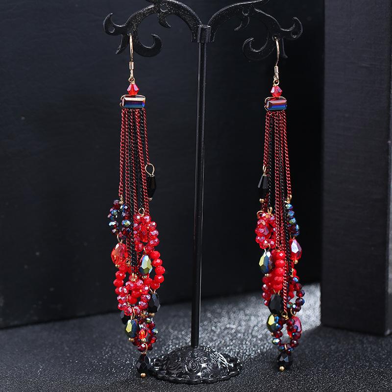 Retro trendy bohemian crystal fringed earrings 925 silver stud earrings temperament long women's personalized earrings