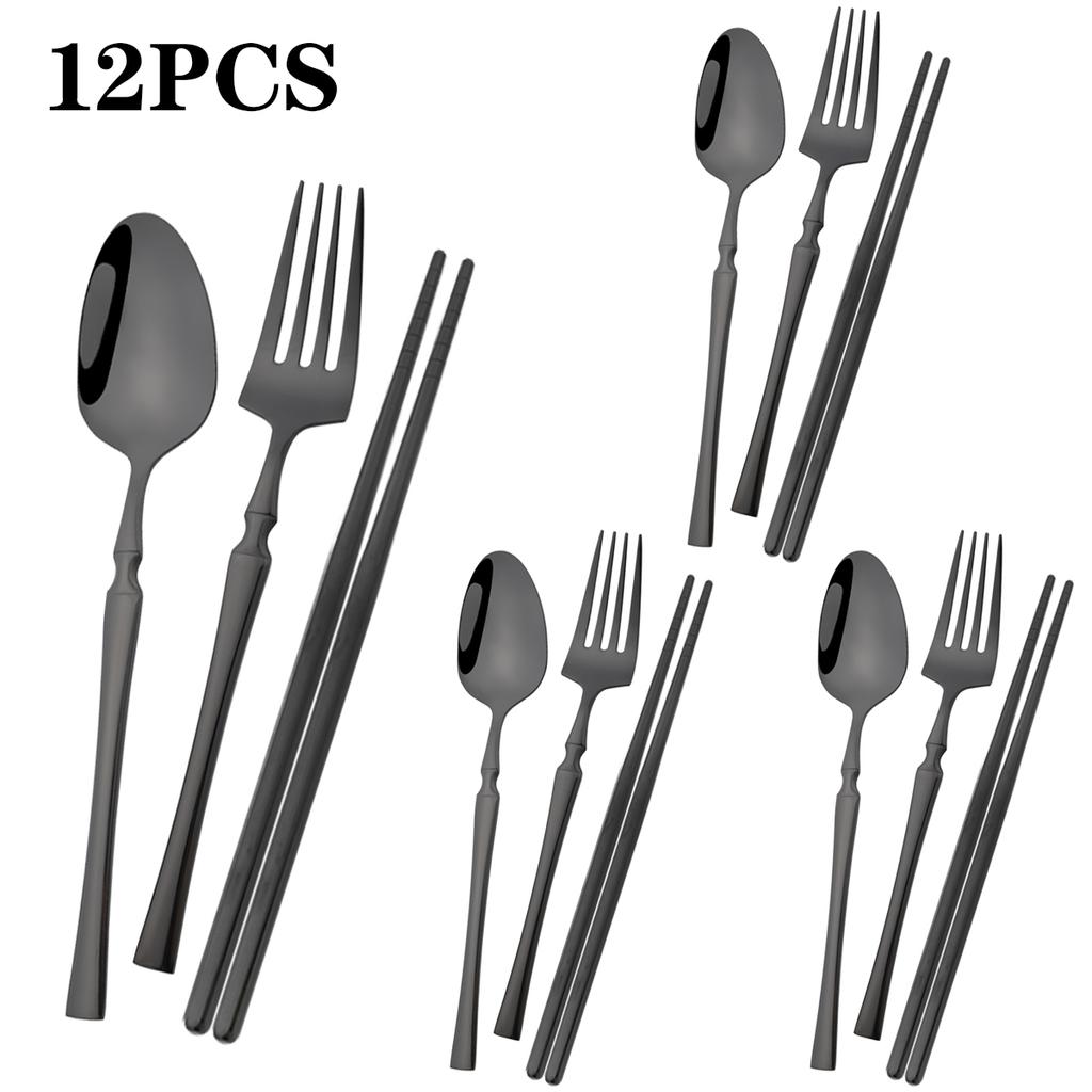 12pcs Black Gold Stainless Steel Dinnerware Set Waist Fork Spoon Chopsticks Tableware Set Mirror Western Kitchen Party Flatware