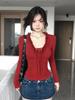 Red Lace V-Neck Long Sleeve Slim Fit Top for Women - Autumn Winter Sweet & Spicy Style
