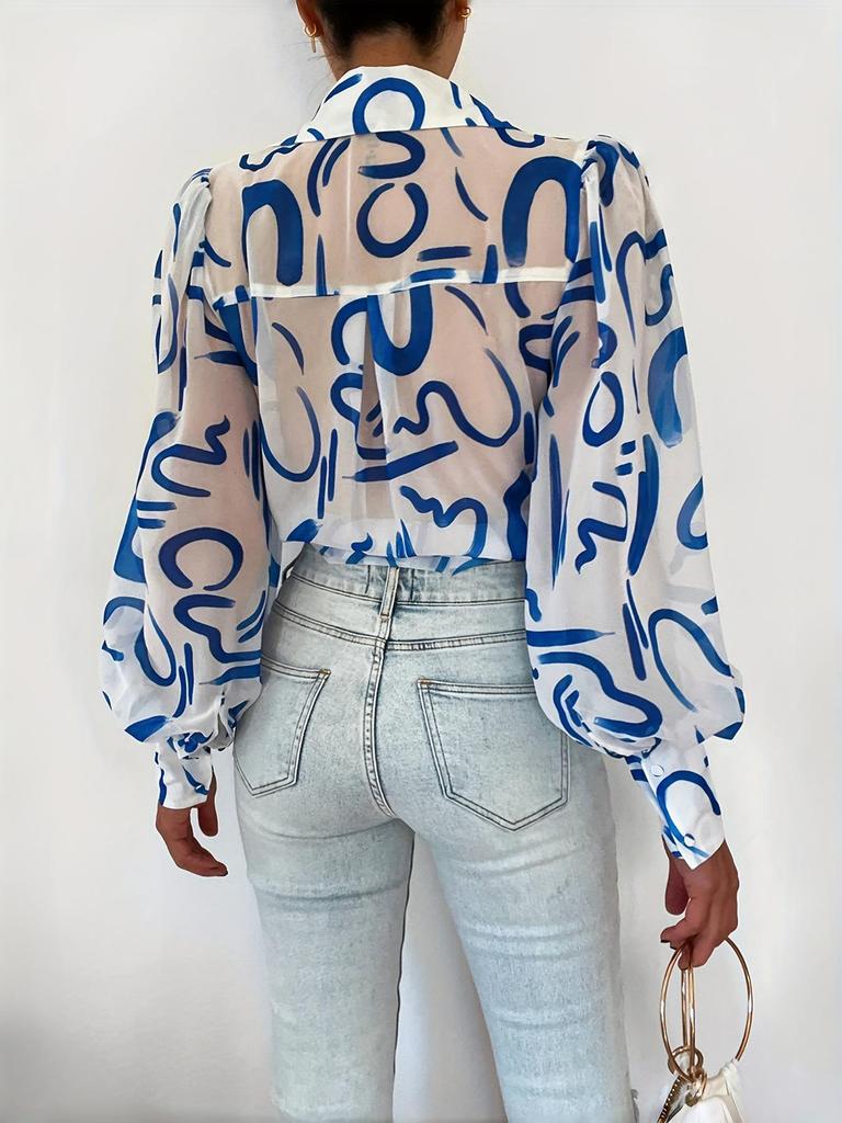 Elegant Semi-Transparant Shirt met revers & Lantaarnmouwen - Perfect voor Lente & Herfst