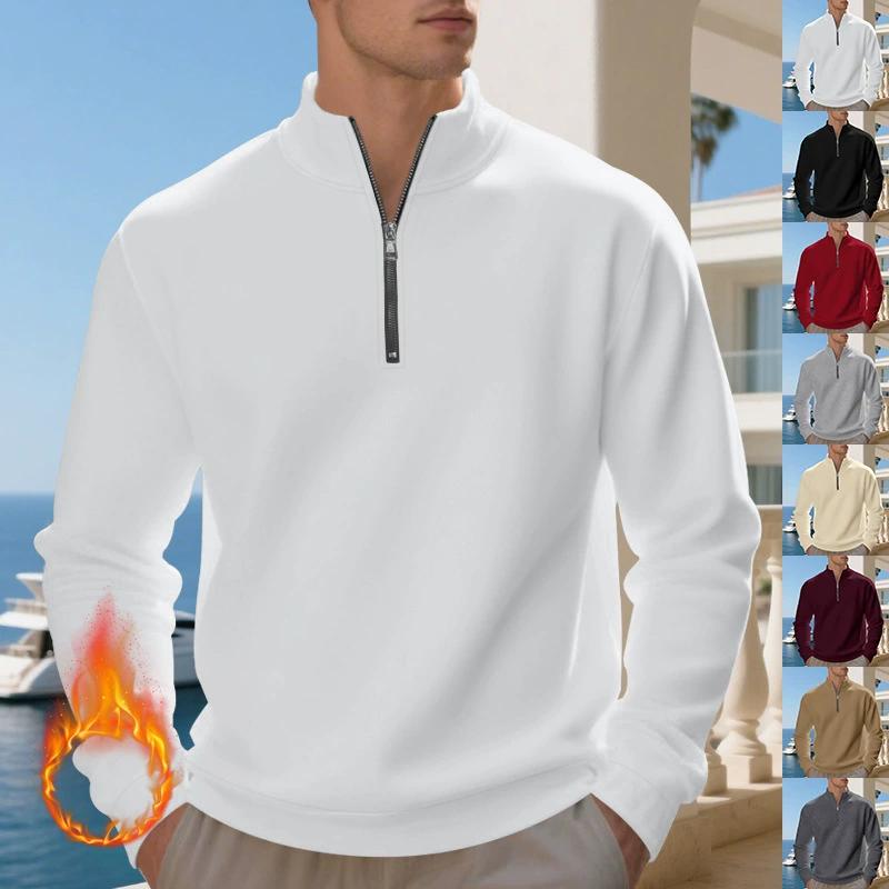 Plus Size Autumn and Winter Fleece-Lined Half-Zip Pullover Plain Colour Casual Hoodie for Men