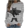 Womens Casual Crewneck Cartoon Cat  Striped Loose Soft Long Sleeve Pullover Tops