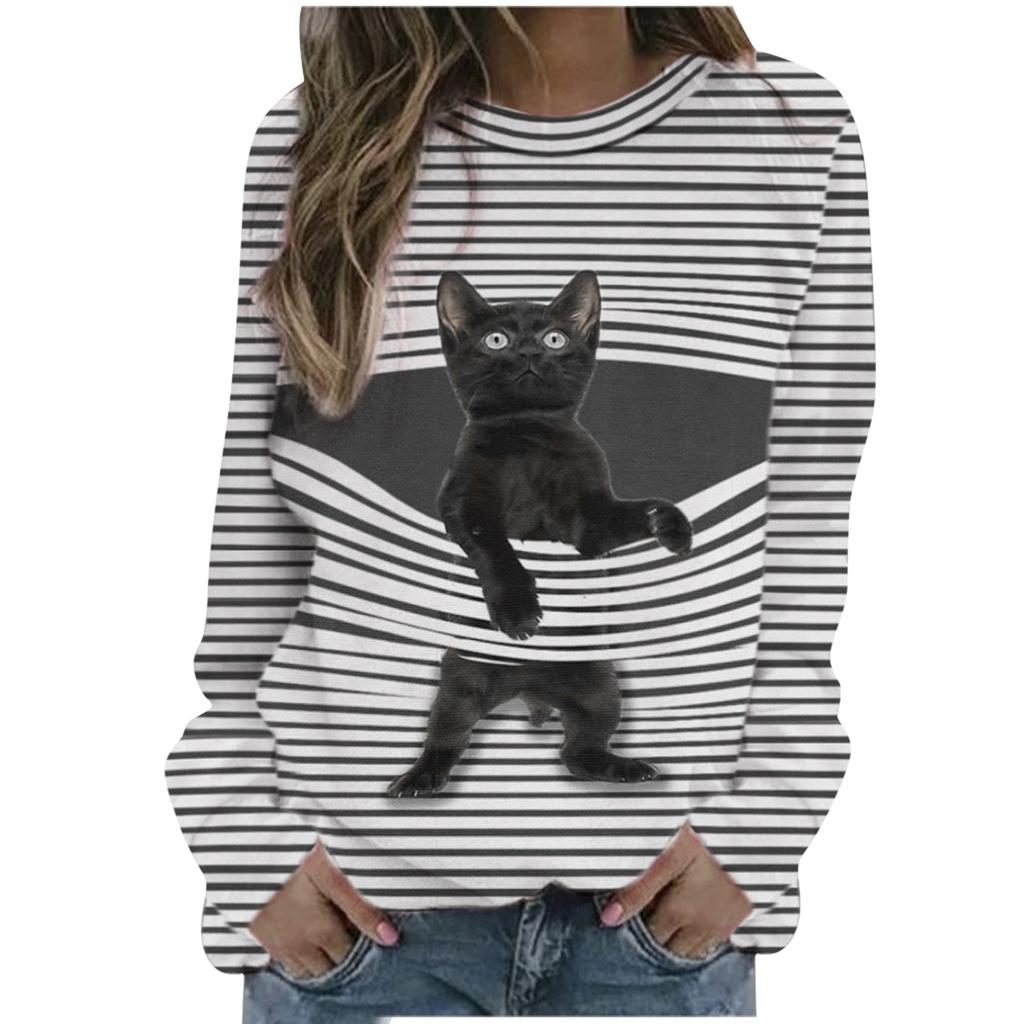 Womens Casual Crewneck Cartoon Cat  Striped Loose Soft Long Sleeve Pullover Tops