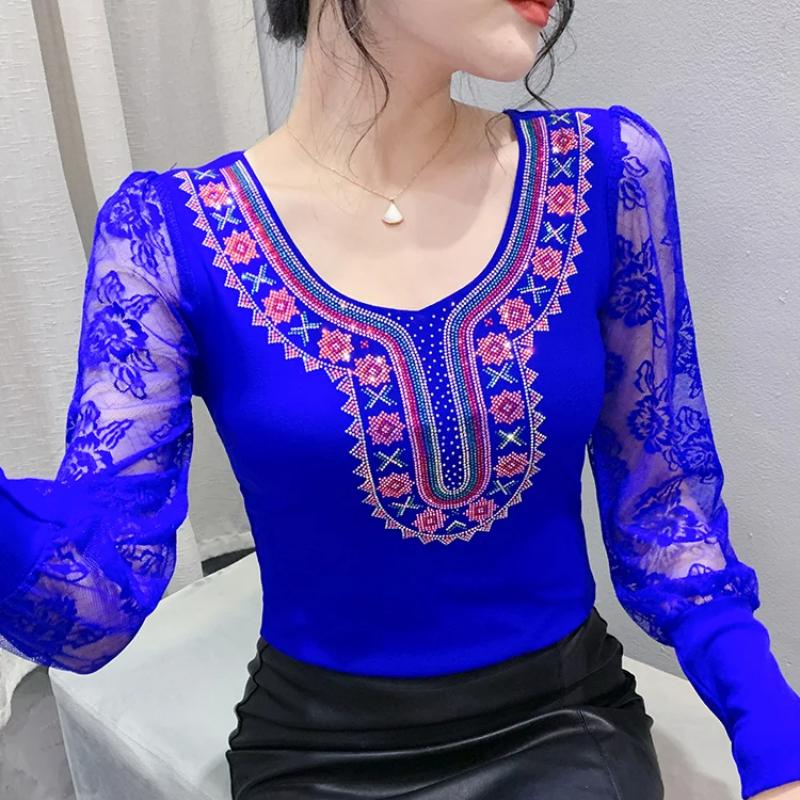 Spring Autumn European Clothes Women's T-Shirt Sexy Lace Long Sleeve Mesh Tops Chic Vintage Luxury Hot Diamonds Tees Shirts