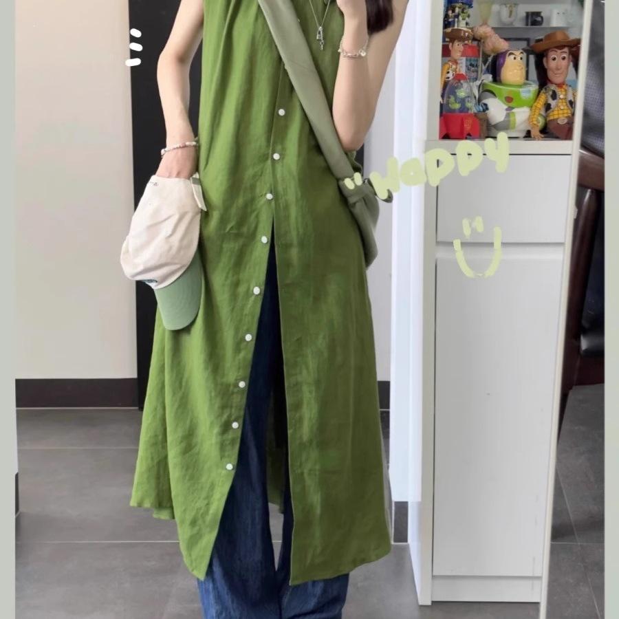 Retro literary green shirt sleeveless dress women's simple casual summer comfortable relaxed atmosphere long skirt