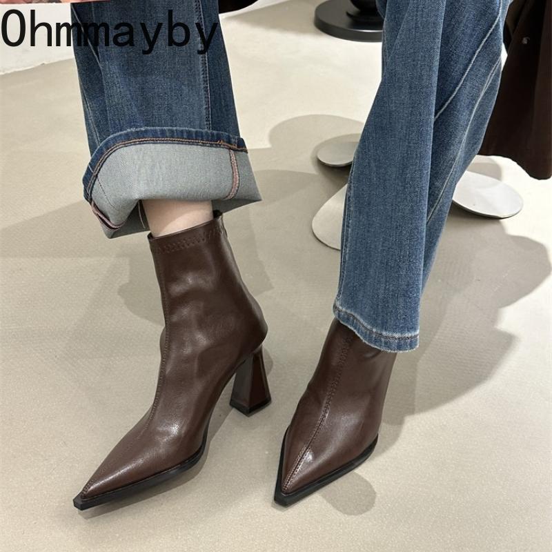 Fashion Pointed Toe Thick Heel Women Ankle Boots Street Style Banquet Party Dress Short Botas Autumn Winter Women'S Shoes