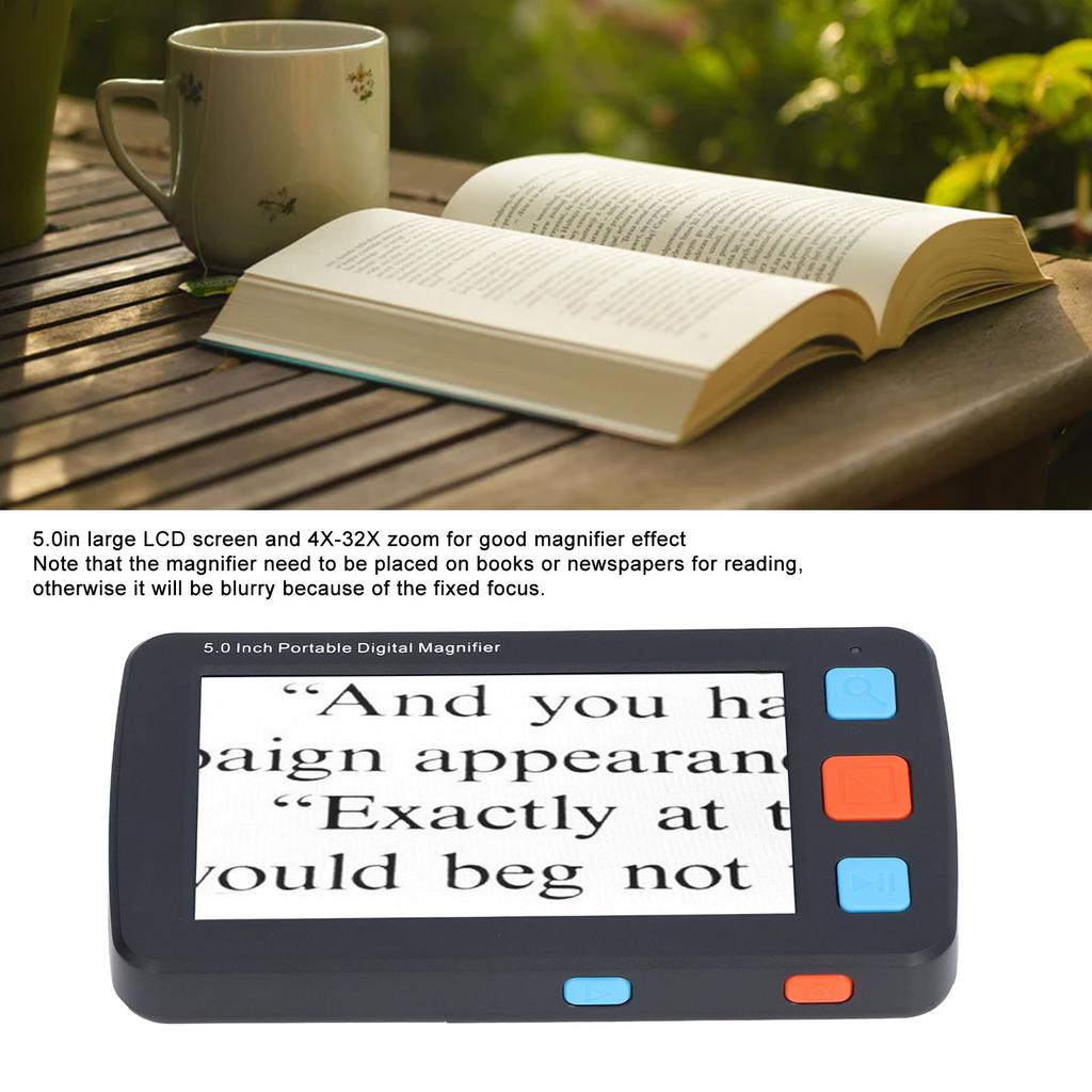 5.0in Electronic Digital Magnifier Portable Reading Aid 4X‑32X Zoom 17 Color Mode Folding Handle for Low