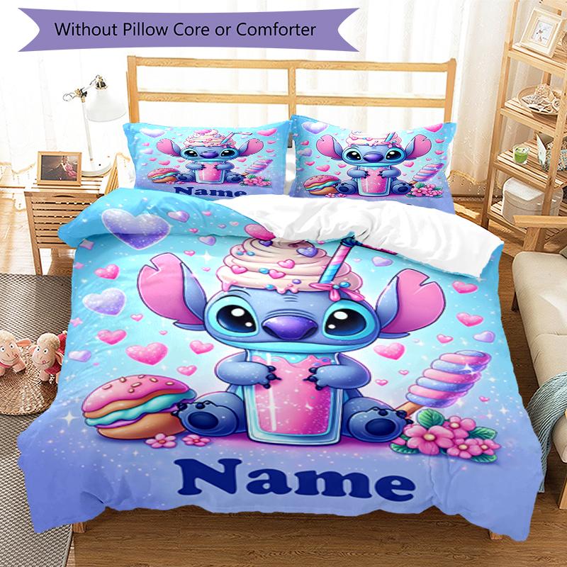 3pcs Custom Name Stitch Bedding Set Duvet Cover Closure Includes 1 Duvet Cover & 2 Pillowcases, Soft and Comfortable for All Seasons.