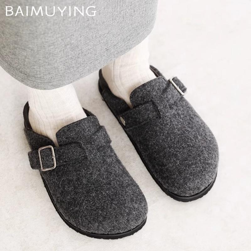 Suede Women Flats Cotton Slippers Short Plush Designer Buckle Casual Mules Shoes 2025 Trend Walking Warm Winter Snow Botas Mujer