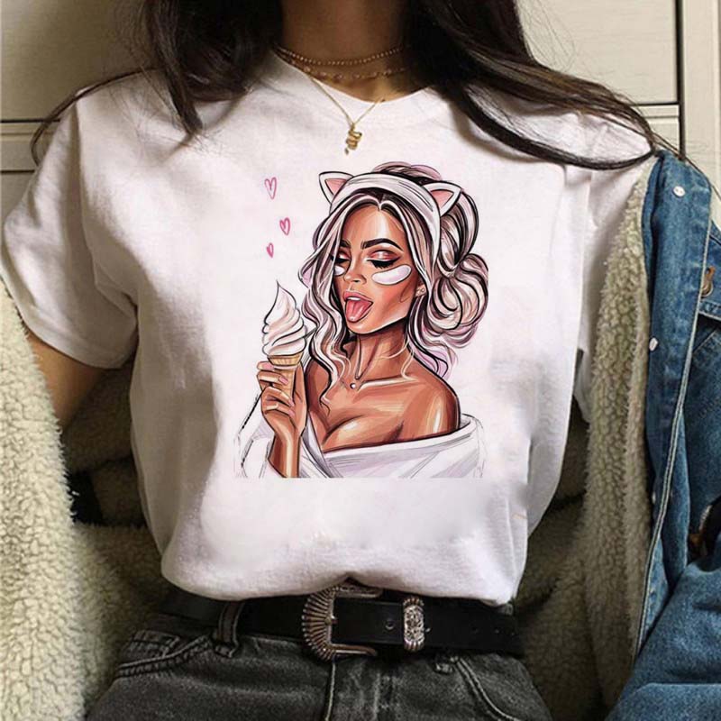 Women T Shirt Fashion Casual Female Print Shirt Loose Women Oneck Tops Harajuku 90s Girls Kawaii T Shirt Korean Style Clothes