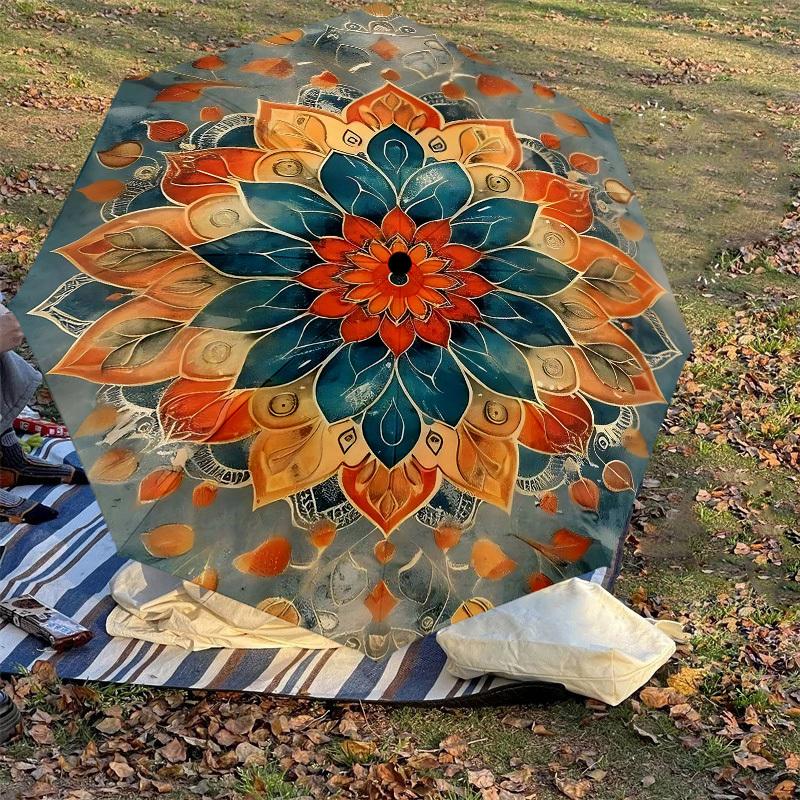 1pc Mandala Leaves Automatic Open/Close Umbrella Compact Folding Umbrella with 8-Rib Shaft for Women/Men, Elegant Birthday1326S