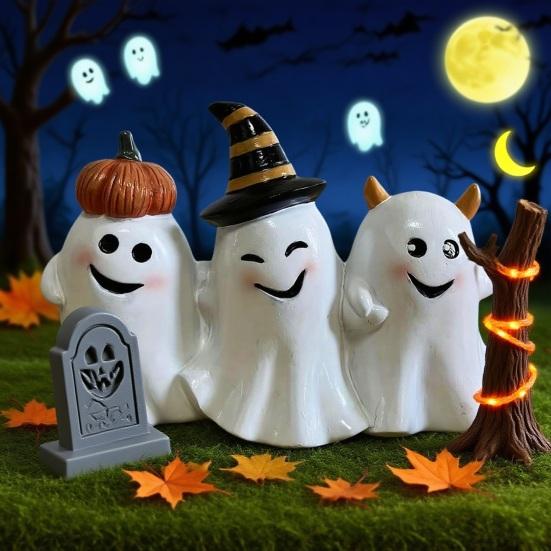 Halloween Ghost Figurine Cute 3 Ghosts Holding Hands Statue Resin Tabletop Ornament for Indoor Bookshelf Windowsill Decor