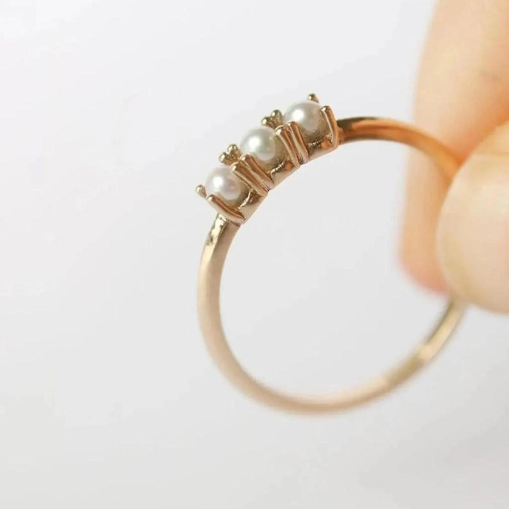 Yellow Gold Plated Pearl Ring: Minimalist June Birthstone Stacking Ring: Art Deco Dainty Bridal Jewelry for her