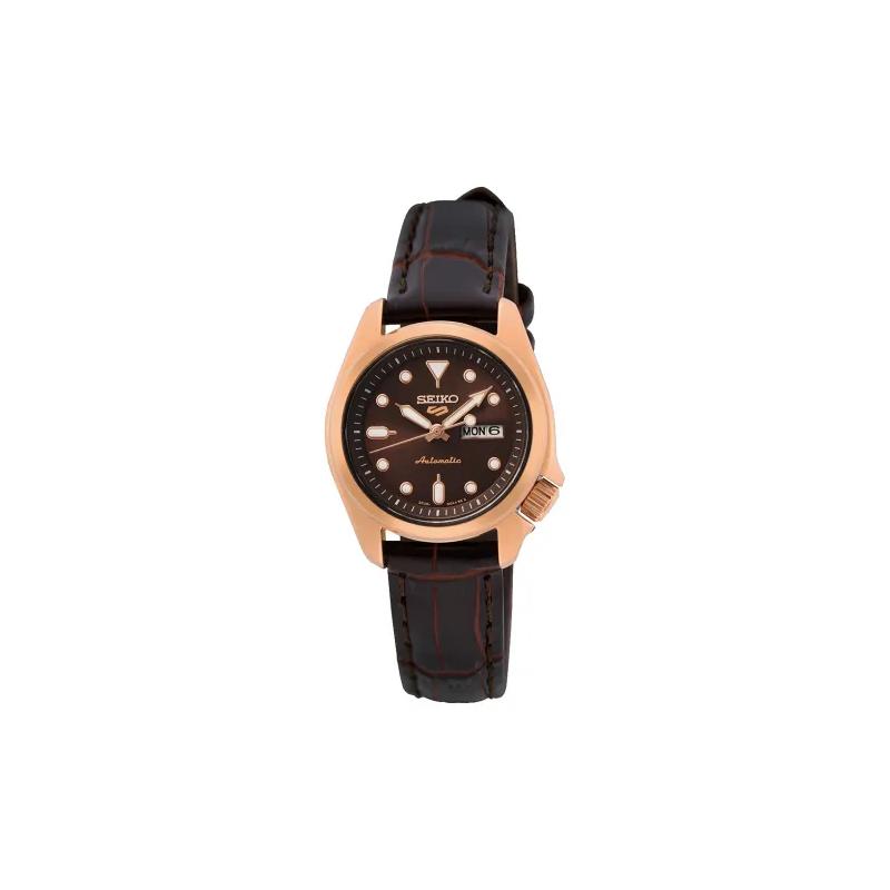 SEIKO seiko5 series 100 meters waterproof Automatic leather strap women s watch brown dial SRE006K1 синий