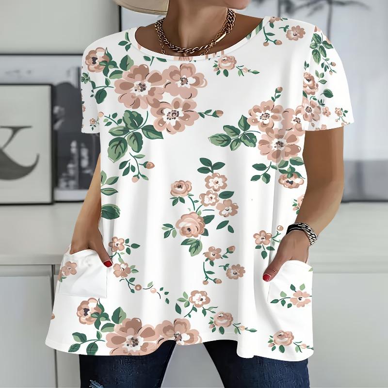 Women'S Summer White Base Nude Pink Rose Floral GentlePrinted Pocket Round Neck Short Sleeve T-Shirt Casual Top