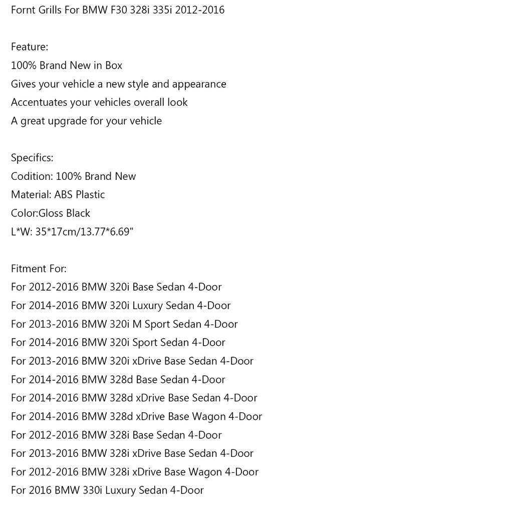 Gloss Black Front Kidney Grille Fit BMW 3 Series F30 F35 2012-2017 Dual Slats