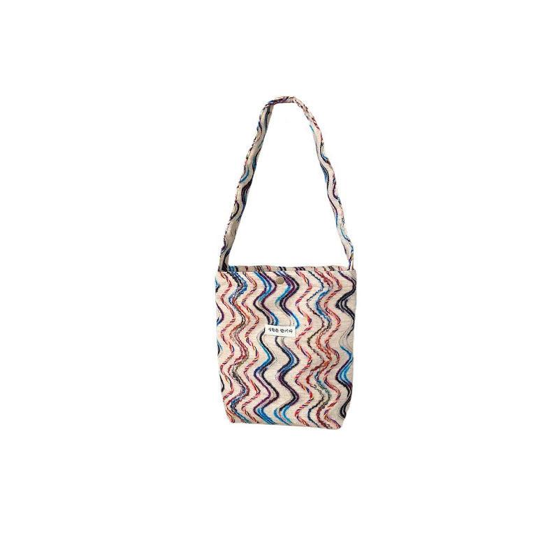 Trendy Rainbow Striped Canvas Tote Bag For Spring And Summer With Large Capacity