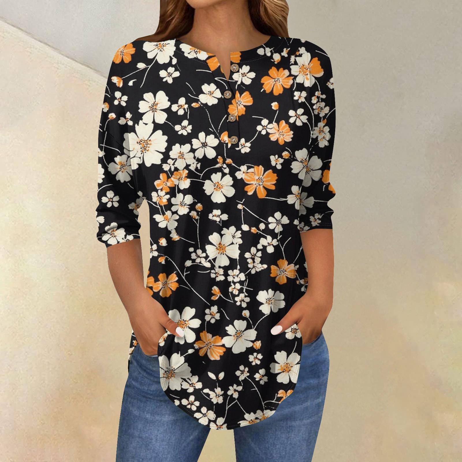 

Женская модная повседневная футболка с рукавом три четверти, цветочным принтом и круглым вырезом XL чёрный