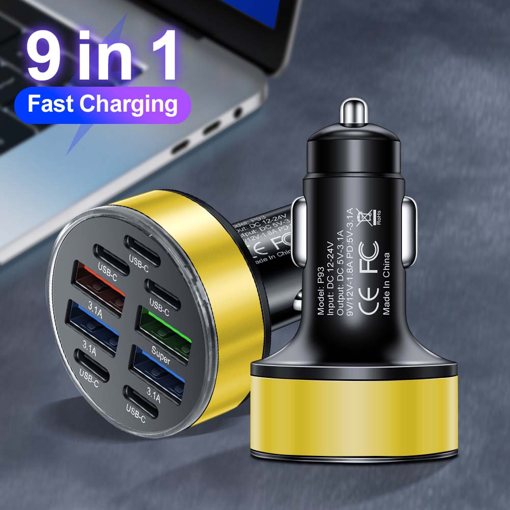 P93 9-in-1 USB Autoladegerät für iPhone-Buchse PD Autotelefonladegerät für Samsung Huawei Xiaomi