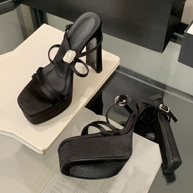 Fashion Liyke Summer Solid Black Silk Platform Sandals Women Sexy Thick Bottom Square Toe Diamond Designer High Heels Banquet Party Shoe