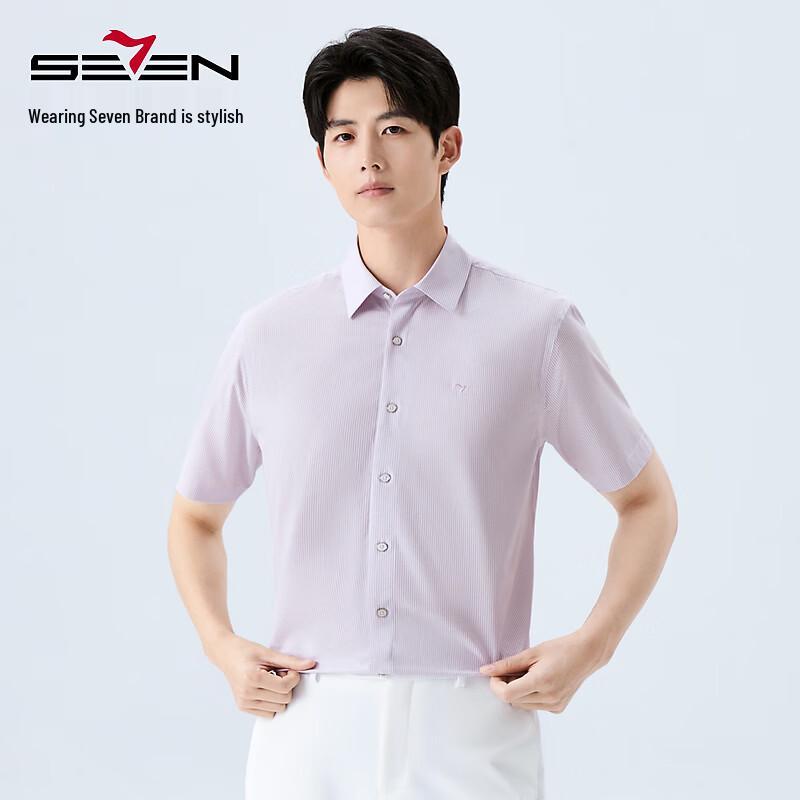 

SEVEN Men s Seamless Collar Striped Lyocell Blend Business Short-Sleeve Shirt 43