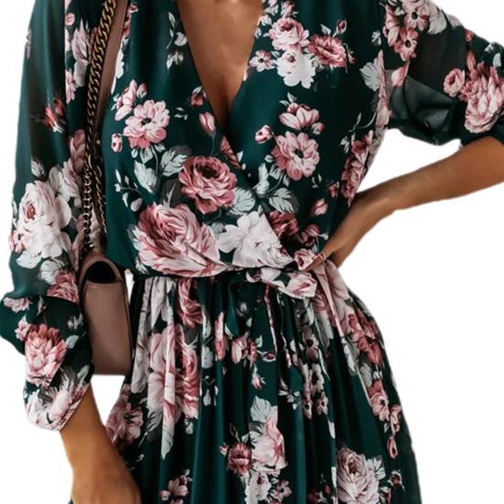 Pleated Flowy Hem Midi Dress Floral Print Sweet Elastic Waist V-Neck Casual