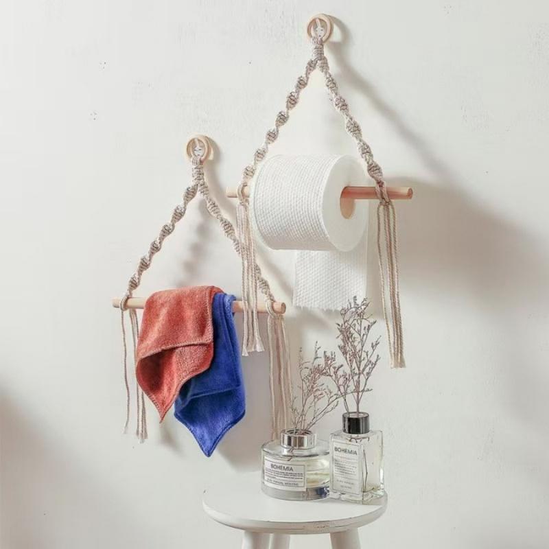 1pcWooden Stick Cotton Rope Paper Towel Holder Bedroom Bathroom Wall-Mounted Towel Rack Woven Style Homestay Decoration Hanging