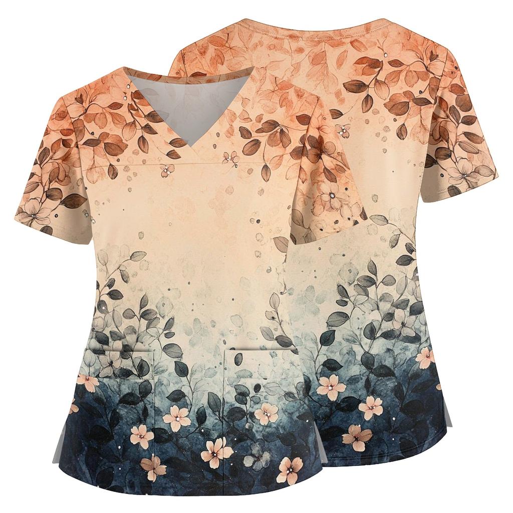 Floral Print V Neck Medical Scrub Top with Pockets Side Slits Short Sleeve Nurse Uniform Shirt for Women Comfortable Fit