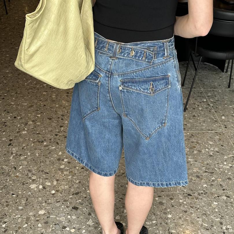 Y2K Trendy High Waist Denim Jorts Adjustable Waist Buckle Detail Loose Fit Wide Leg Baggy Jean Shorts Summer Streetwear Outfit S синий