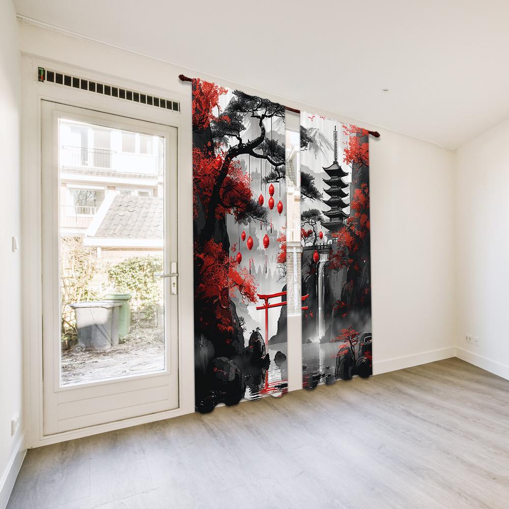 2pcs Semi-Blackout Curtain Japanese Landscape & Torii Gate Design Polyester Woven Contemporary Style Machine Washable Rod Pocket