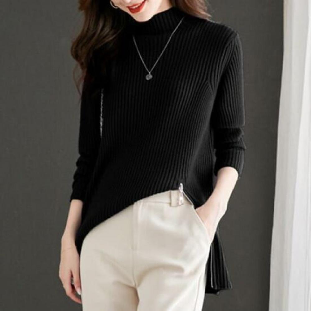 Navava Daily Zip Point Ribbed Mock Neck Long Sleeve Knit Top Nk3476