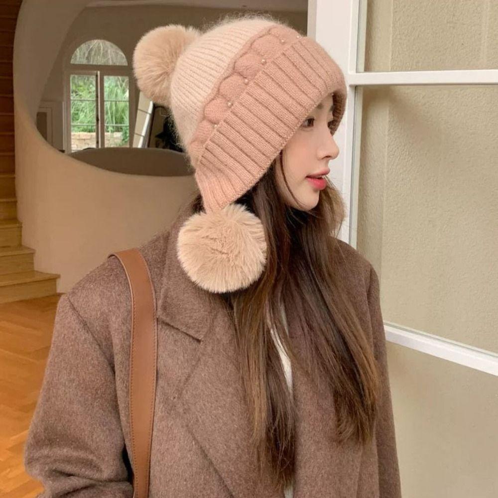 Solid Color Woolen Knitted Cap Windproof Ear Protection Hat Fashion Plush Beanie Hat  Riding