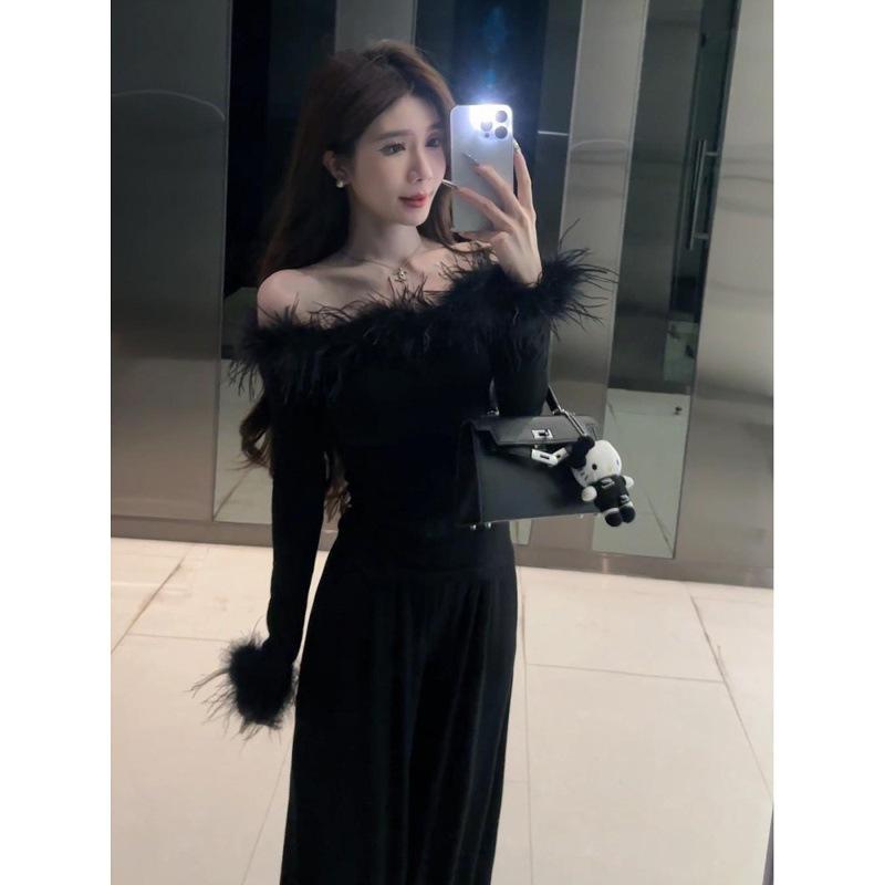 Women s One-Shoulder Fur Patchwork Long-Sleeve Slim Fit Top - Autumn 2025 Style Large чёрный