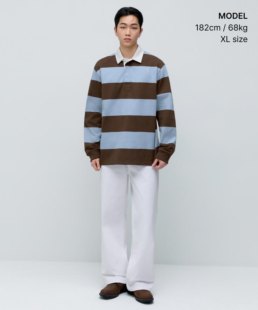 MUSINSA STANDARD Relaxed Striped Rugby Shirt [Brown/Light Blue]