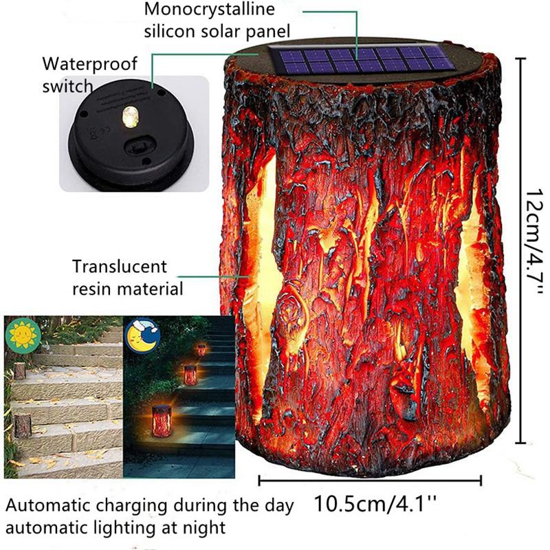 Lumini de lanternă Stump On Fire, lumini de lanternă cu flacără pâlpâitoare, iluminat de peisaj alimentat cu energie solară pentru decorarea grădinii