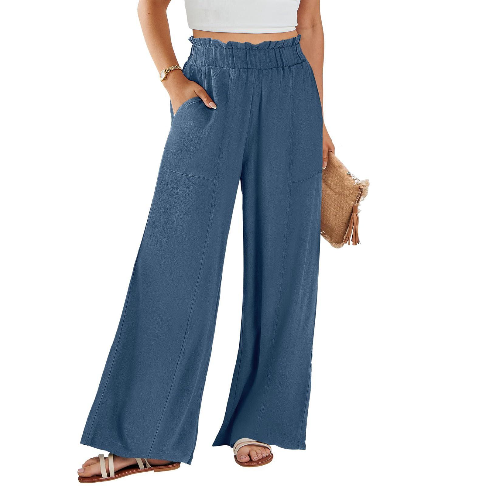 

Женские хлопковые льняные брюки, летние широкие повседневные свободные брюки-палаццо с высокой талией и шнурком, брюки с карманами M