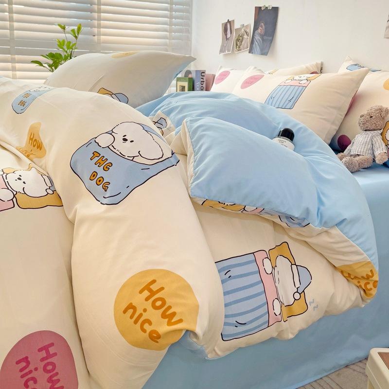 Small Fresh Washed Cotton Four-piece Set, Bedding Quilt Cover, Dormitory Single Bed Three-piece Set
