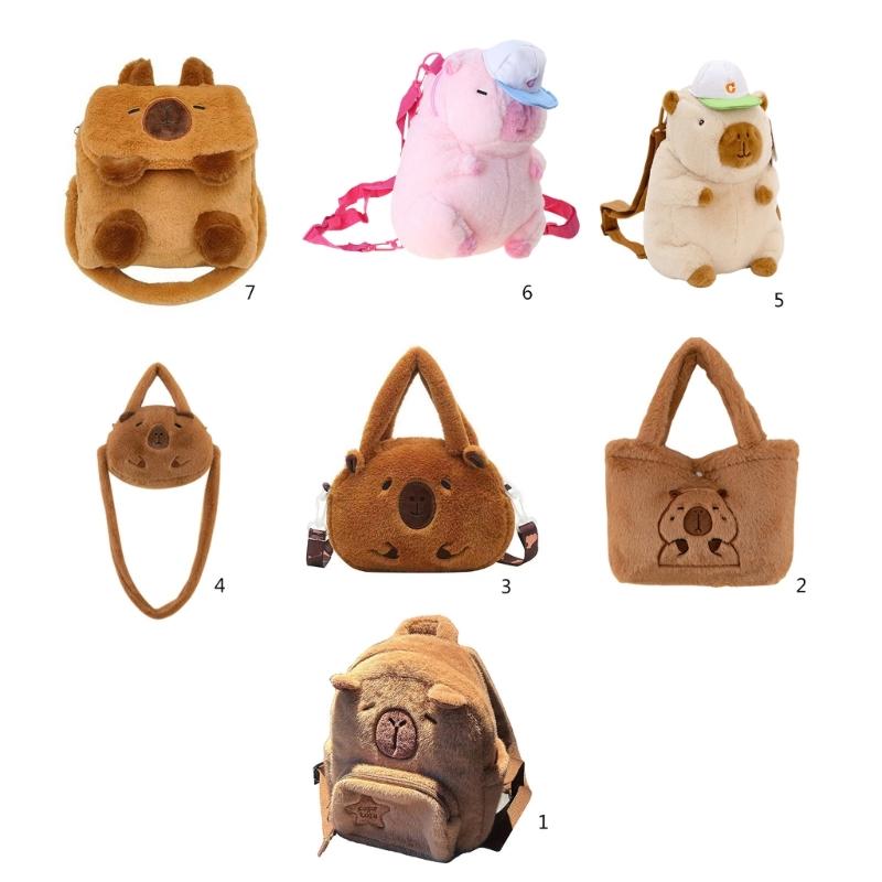 Cartoon Plush Capybara Animal Backpack for Teens Multiple Pockets Student School Bag Zippered Crossbody Shoulder Bag