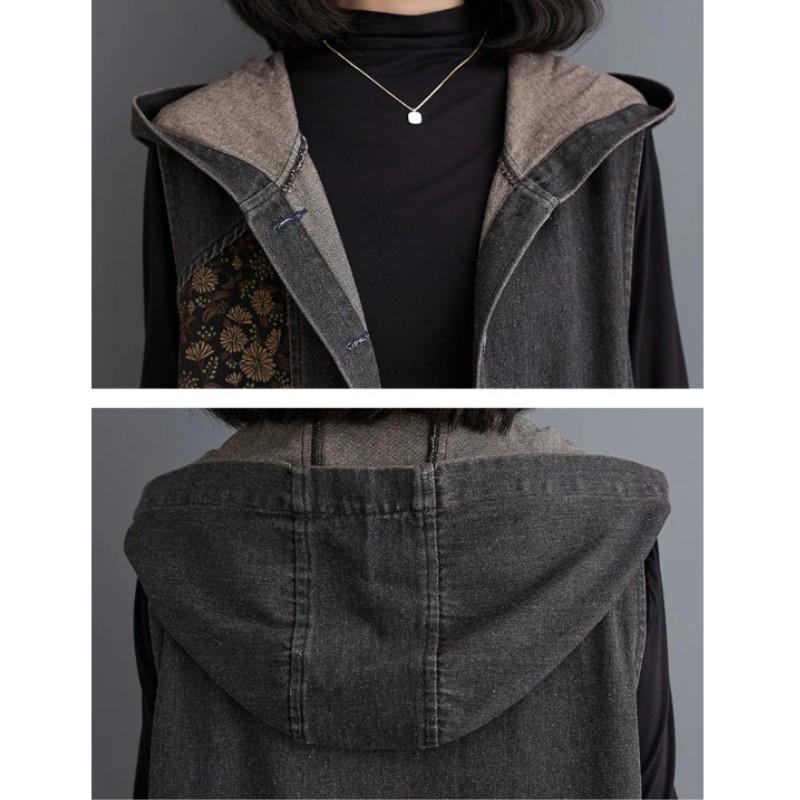 Chaqueta de Otoño para Mujer sin Mangas con Bolsillos Grandes Estampado Vintage Diseño con Capucha Jeans de Mezclilla Sueltos Chaleco Ropa de Abrigo para Mujer