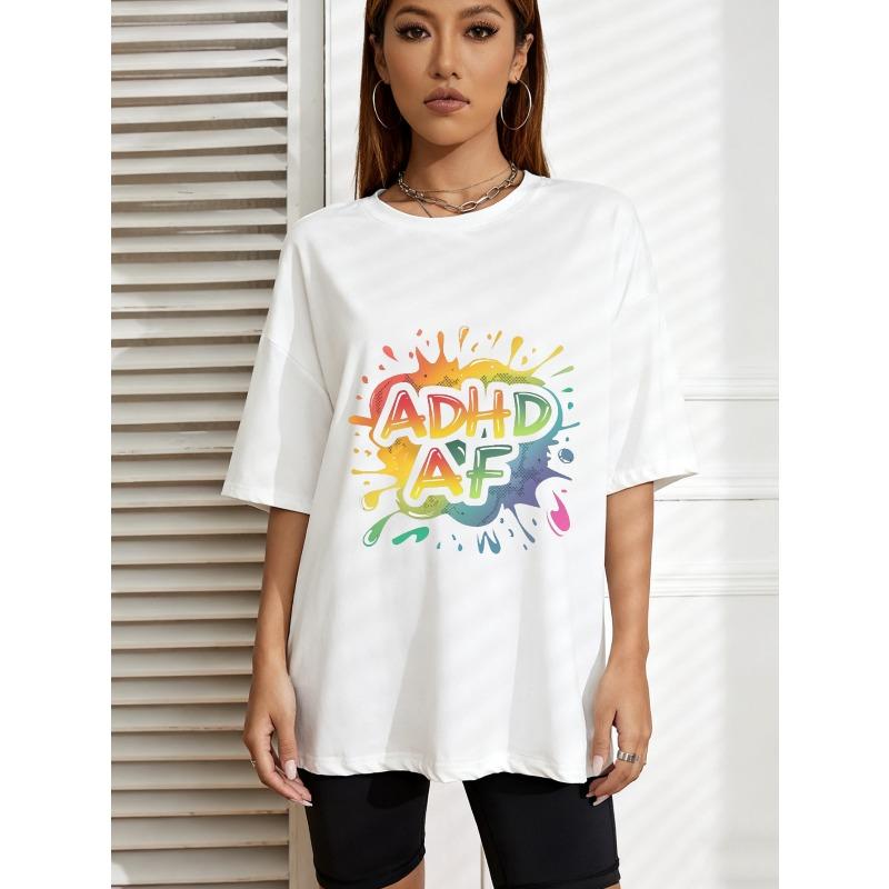 

Vintage Oversized T-Shirt with Rainbow Splatter ADHD AF Graphic Print – Edgy Streetwear Style Top XXXXL білий