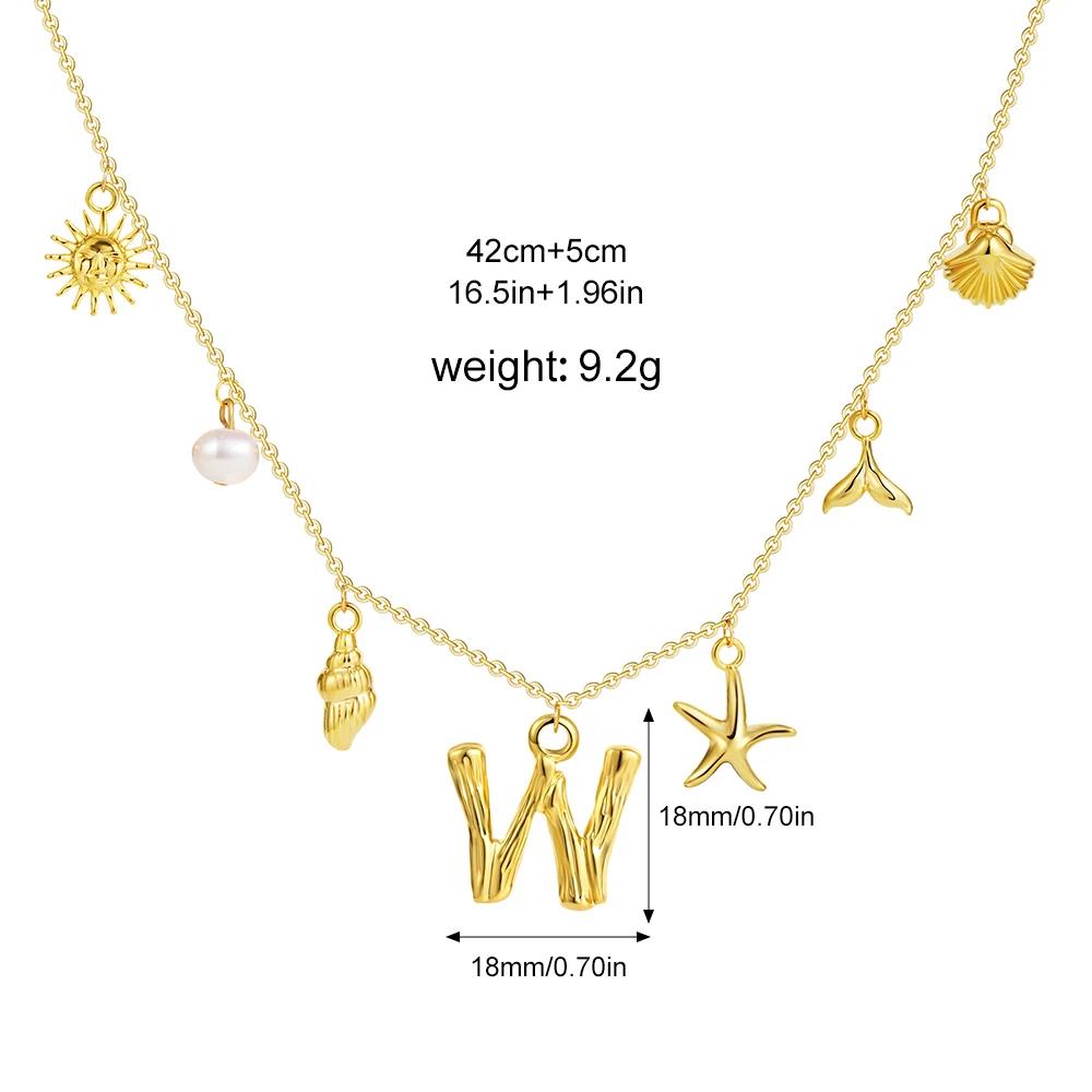 Boho A-Z Initial Letter Pendant Necklace Gold Color Beach Shell Starfish Pearl Necklace Women's Charm Jewelry Party Gift