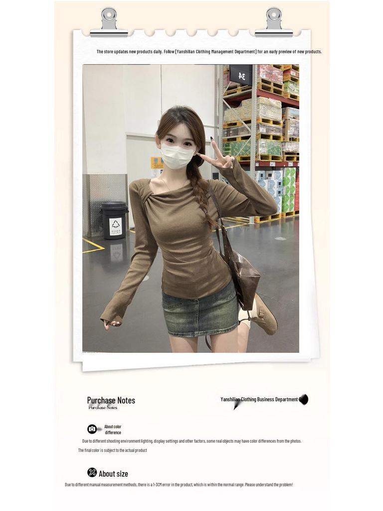 Korean Off-Shoulder Twist Long-Sleeve Slim-Fit T-Shirt for Women, Autumn/Winter Design, Base Layer Top